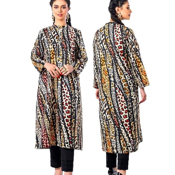 Animal print leopard long sleeves shift‎ shirt-dress  kaftan tunic kurta XS/S - Picture 1 of 12